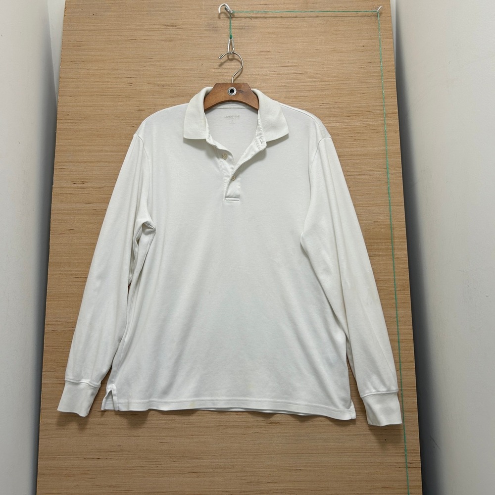 Lands End Mens White Long Sleeve Polo Shirt Traditional Fit Size M 38-40 7719